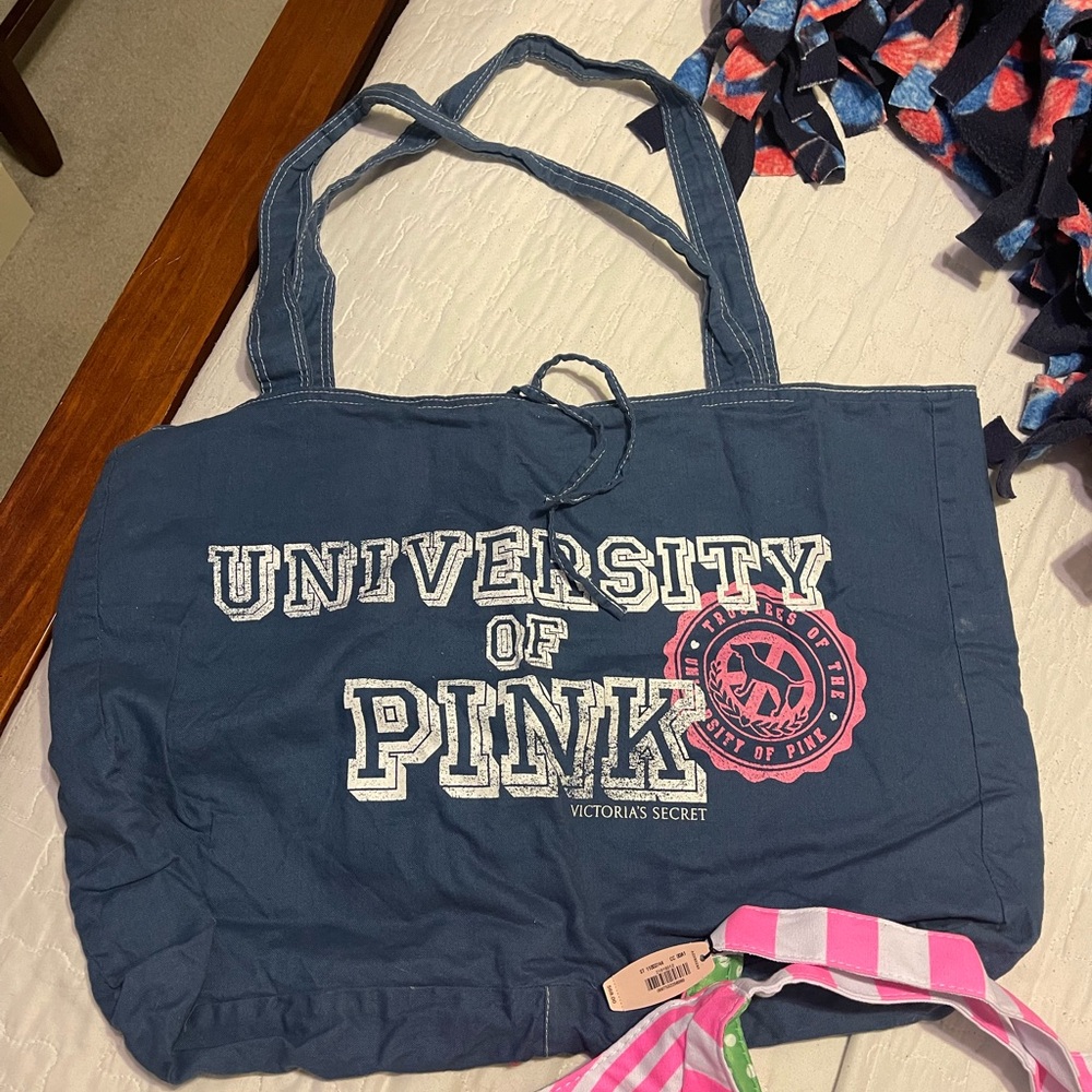 Victoria's Secret Pink Navy Tote with Pink & White Accents